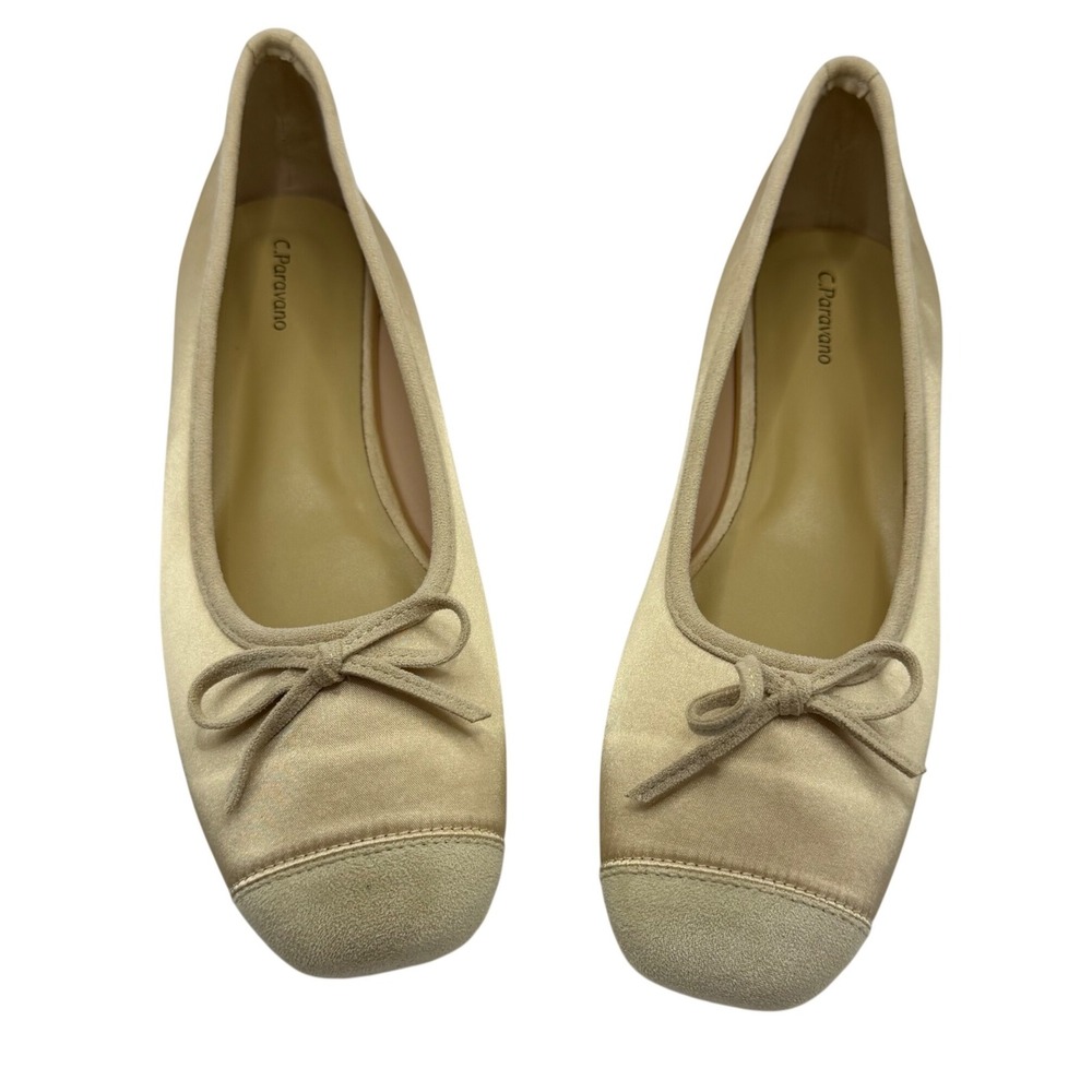 C.Paravano Elena‎ Cap-Toe Silk Ballet Flats Champagne Suede Square Toe Bow Shoe
